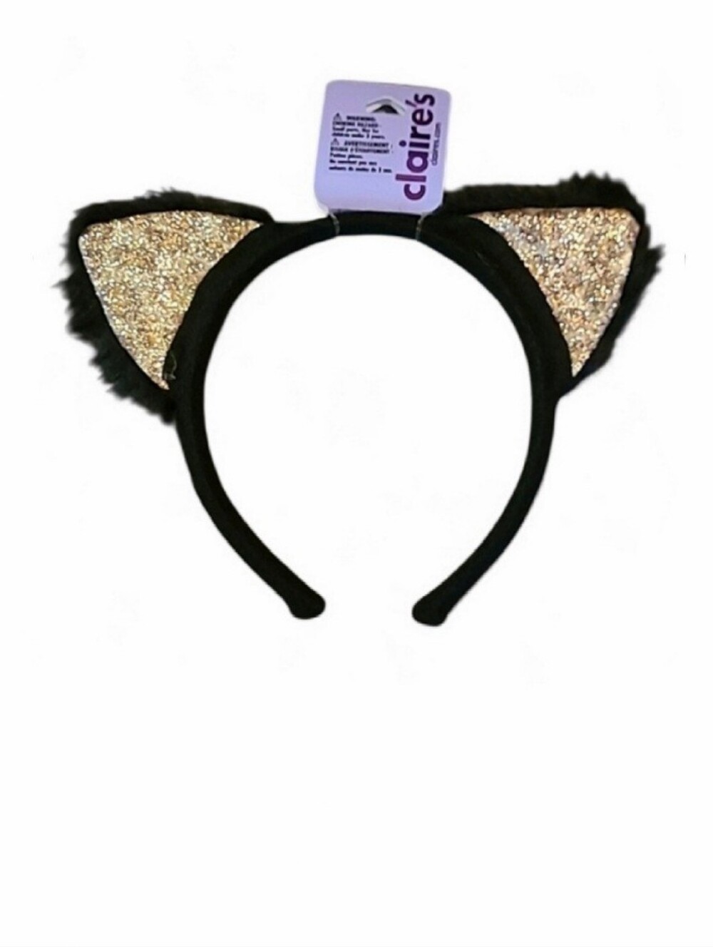 Claire's Fuzzy Cat Ears Headband Black & Sparkling Gold Leapord Print 💛